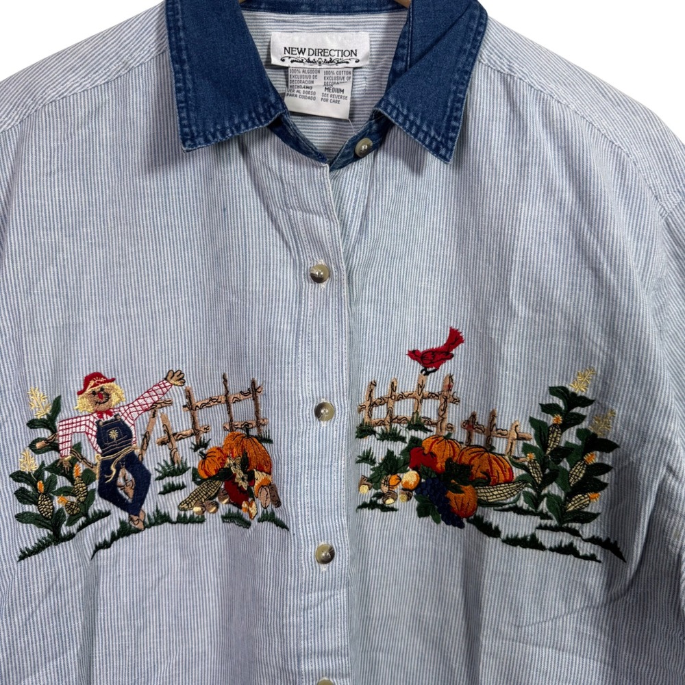 Vintage Womens Shirt‎ Medium Striped Oversized 90s Button Down Fall Embroidery - Picture 3 of 10